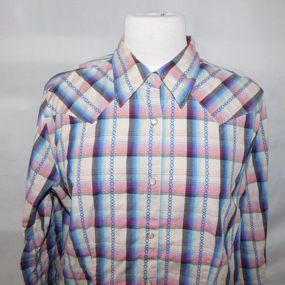 WRANGLER Womens L Pink Blue White Western Pearl Snap Shirt - Picture 7 of 14